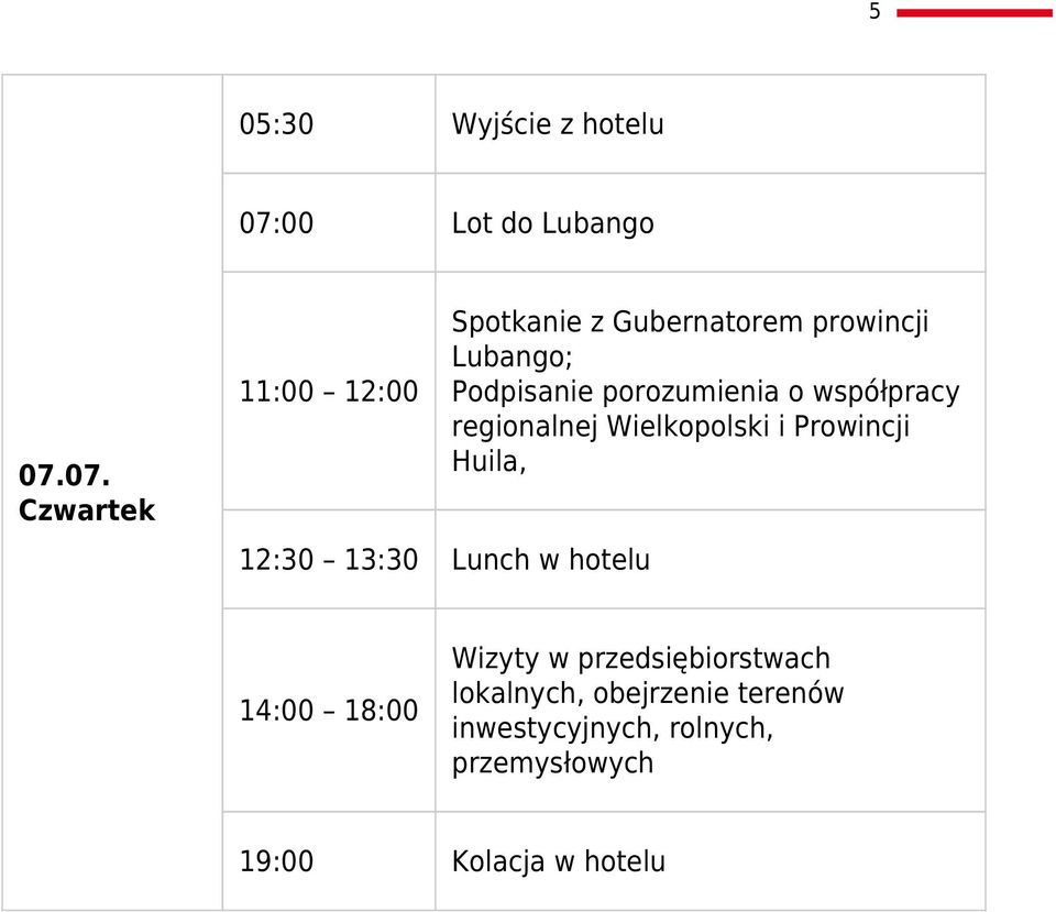07. Czwartek 11:00 12:00 12:30 13:30 Lunch w hotelu Spotkanie z Gubernatorem prowincji