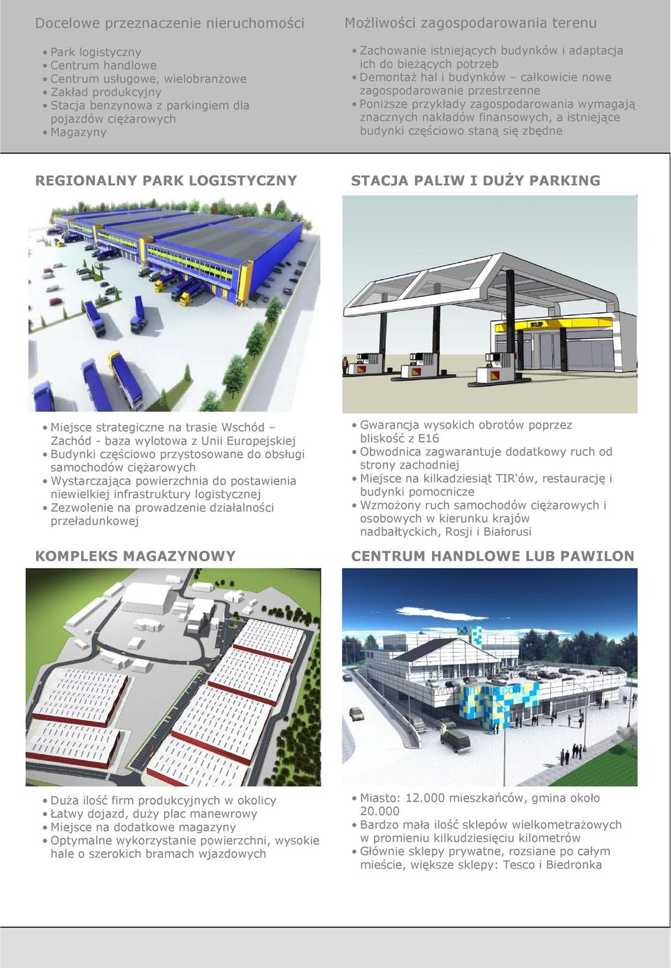 wymagają znacznych nakładów finansowych, a istniejące budynki częściowo staną się zbędne REGIONALNY PARK LOGISTYCZNY STACJA PALIW I DUŻY PARKING Miejsce strategiczne na trasie Wschód Zachód - baza