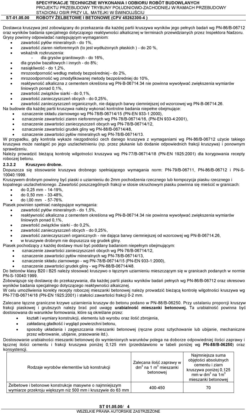 Grysy powinny odpowiadać następującym wymaganiom: zawartość pyłów mineralnych - do 1%, zawartość ziaren nieforemnych (to jest wydłużonych płaskich ) - do 20 %, wskaźnik rozkruszenia: - dla grysów