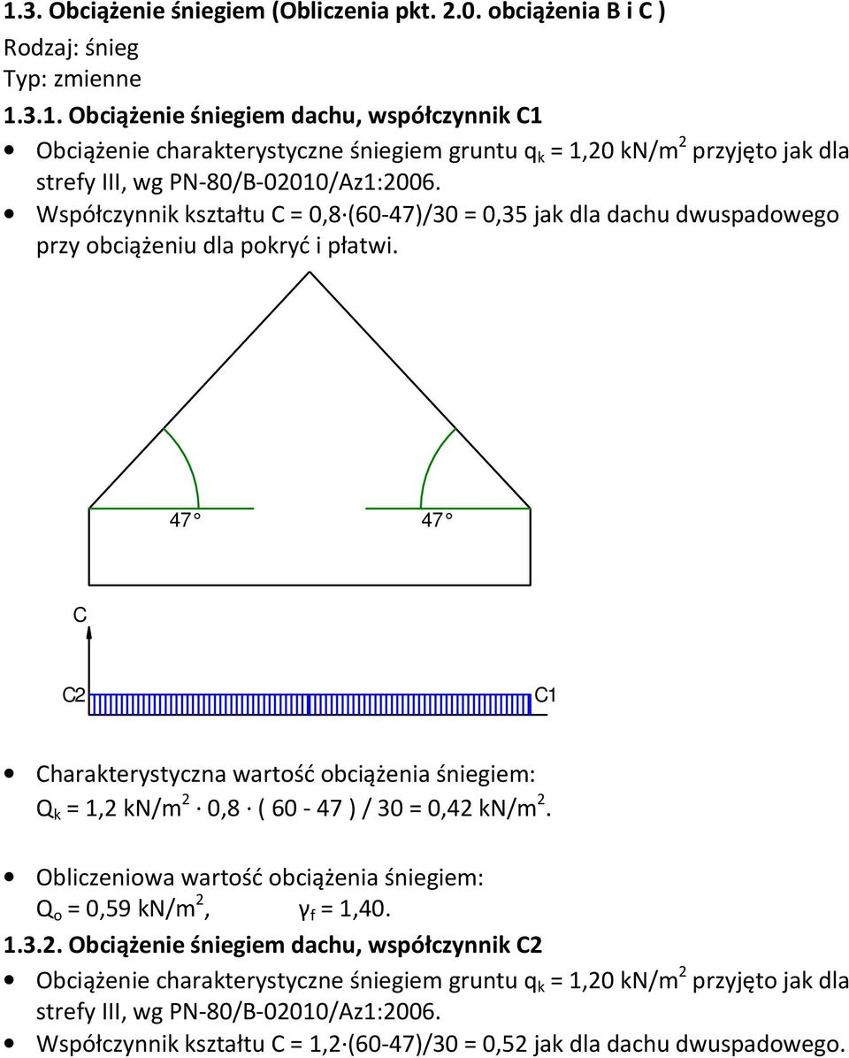 47 47 C C2 C1 Charakterystyczna wartość obciążenia śniegiem: Q k = 1,2 kn/m 2 0,8 ( 60-47 ) / 30 = 0,42 kn/m 2. Obliczeniowa wartość obciążenia śniegiem: Q o = 0,59 kn/m 2, γ f = 1,40. 1.3.2. Obciążenie śniegiem dachu, współczynnik C2 Obciążenie charakterystyczne śniegiem gruntu q k = 1,20 kn/m 2 przyjęto jak dla strefy III, wg PN-80/B-02010/Az1:2006.