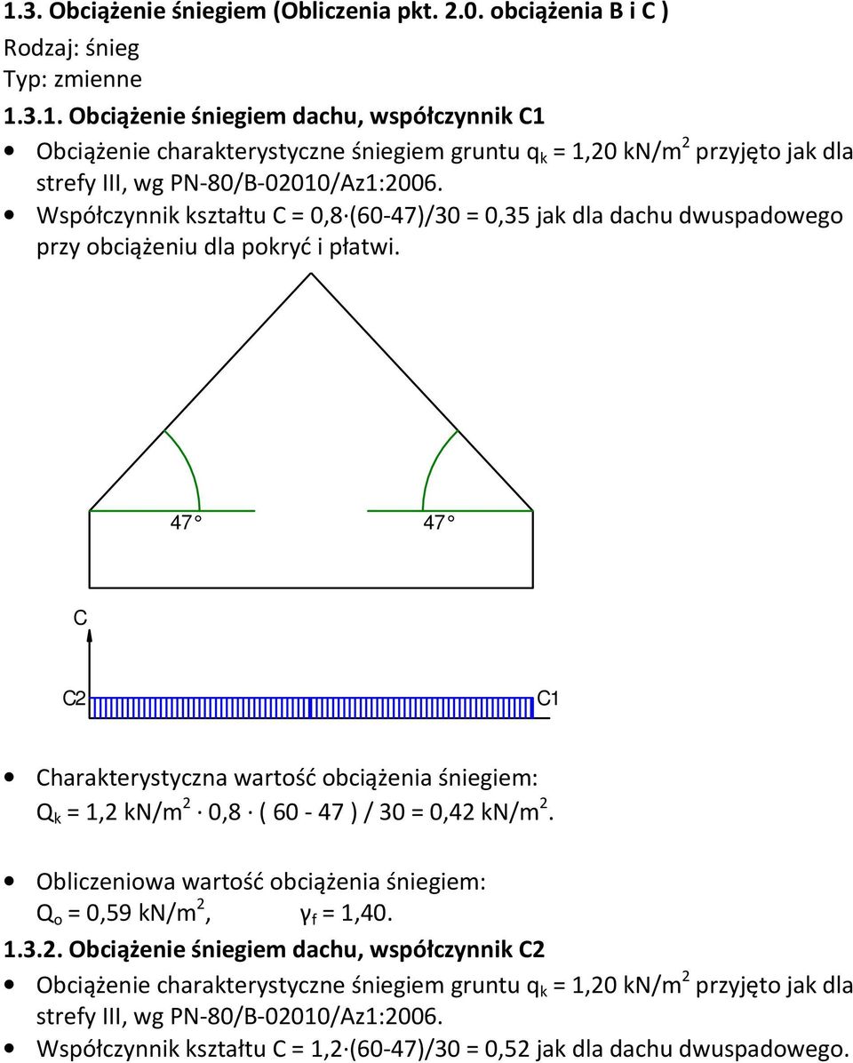 47 47 C C2 C1 Charakterystyczna wartość obciążenia śniegiem: Q k = 1,2 kn/m 2 0,8 ( 60-47 ) / 30 = 0,42 kn/m 2. Obliczeniowa wartość obciążenia śniegiem: Q o = 0,59 kn/m 2, γ f = 1,40. 1.3.2. Obciążenie śniegiem dachu, współczynnik C2 Obciążenie charakterystyczne śniegiem gruntu q k = 1,20 kn/m 2 przyjęto jak dla strefy III, wg PN-80/B-02010/Az1:2006.