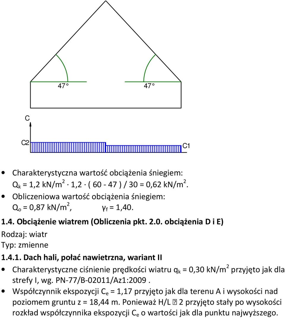 4.1. Dach hali, połać nawietrzna, wariant II Charakterystyczne ciśnienie prędkości wiatru q k = 0,30 kn/m 2 przyjęto jak dla strefy I, wg. PN-77/B-02011/Az1:2009.