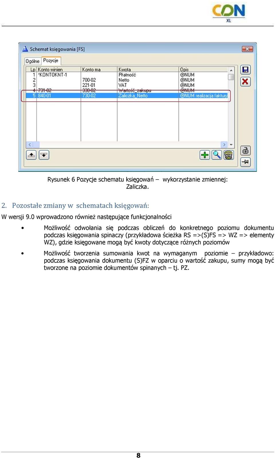 spinaczy (przykładowa ścieżka RS =>(S)FS => WZ => elementy WZ), gdzie księgowane mogą być kwoty dotyczące różnych poziomów Możliwość tworzenia