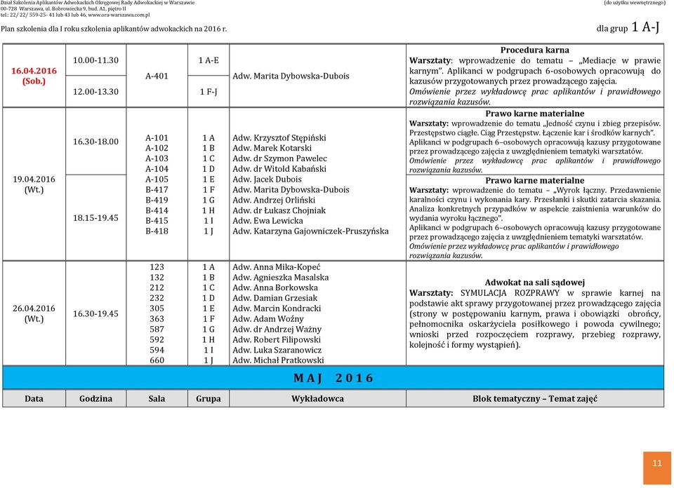 Aplikanci w podgrupach 6-osobowych opracowują do kazusów przygotowanych przez prowadzącego zajęcia. Warsztaty: wprowadzenie do tematu Jedność czynu i zbieg przepisów. Przestępstwo ciągłe.