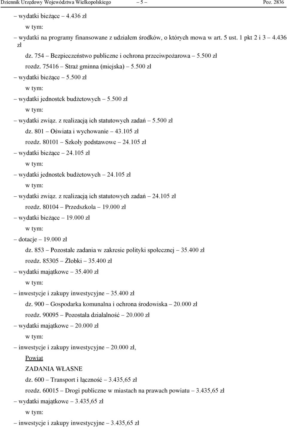 z realizacją ich statutowych zadań 5.500 zł dz. 801 Oświata i wychowanie 43.105 zł rozdz. 80101 Szkoły podstawowe 24.105 zł wydatki bieżące 24.105 zł wydatki jednostek budżetowych 24.