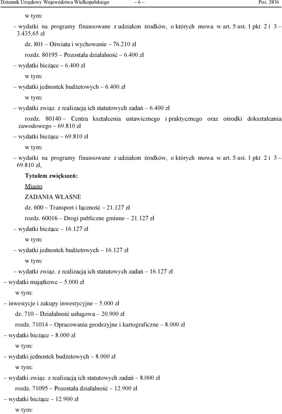 80140 Centra kształcenia ustawicznego i praktycznego oraz ośrodki dokształcania zawodowego 69.810 zł wydatki bieżące 69.810 zł wydatki na programy finansowane z udziałem środków, o których mowa w art.