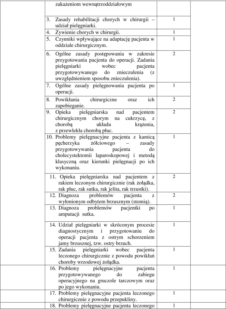 Ogólne zasady pielęgnowania pacjenta po operacji. 8. Powikłania chirurgiczne oraz ich zapobieganie. 9.