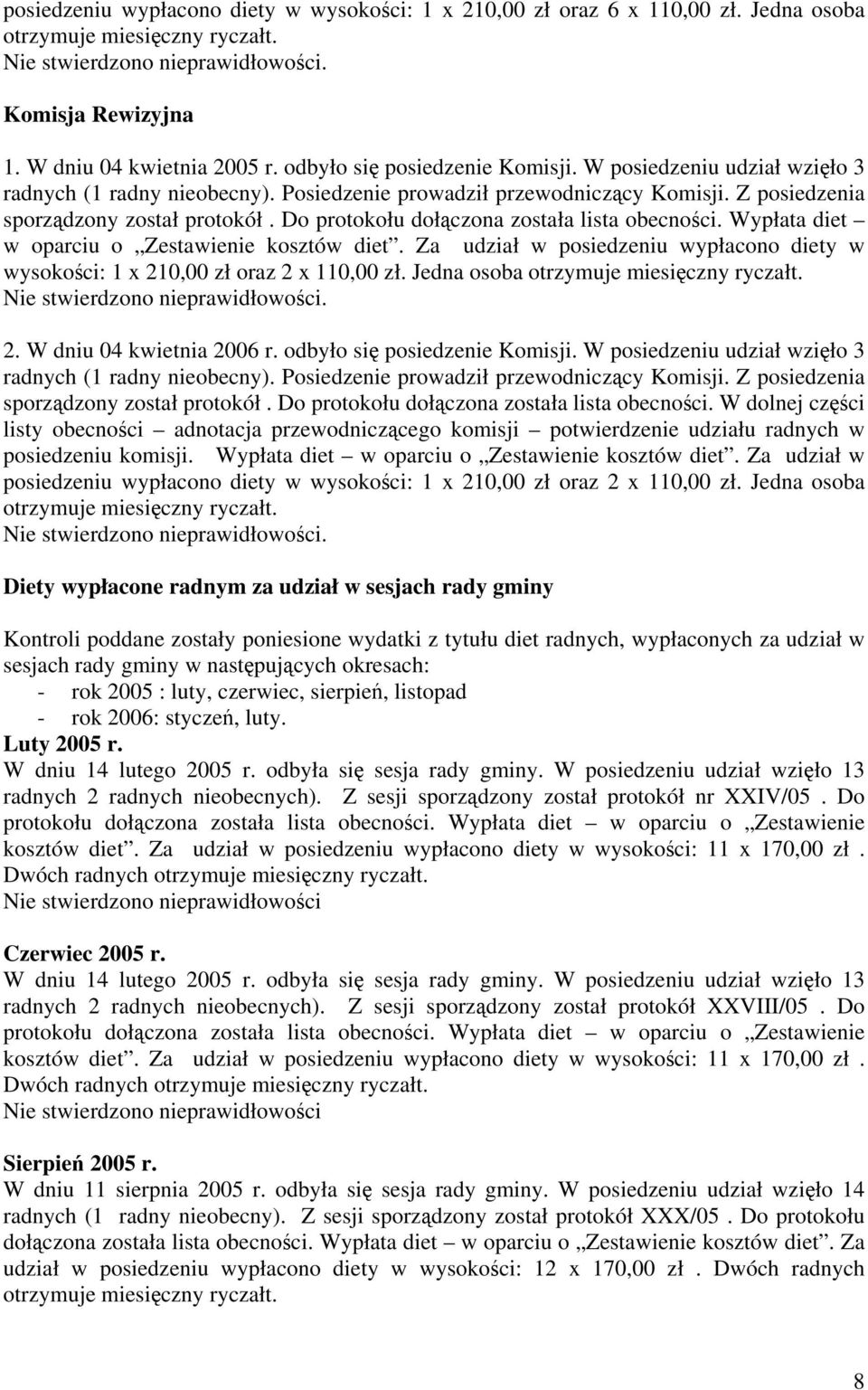 Wypłata diet w oparciu o Zestawienie kosztów diet. Za udział w posiedzeniu wypłacono diety w wysokości: 1 x 210,00 zł oraz 2 x 110,00 zł. Jedna osoba 2. W dniu 04 kwietnia 2006 r.