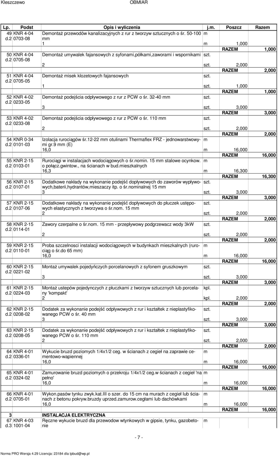 2 0705-05 1 1,000 52 KNR 4-02 DeontaŜ podejścia odpływowego z rur z PCW o śr. 32-40 d.2 0233-05 3 3,000 RAZEM 3,000 53 KNR 4-02 DeontaŜ podejścia odpływowego z rur z PCW o śr. 110 d.