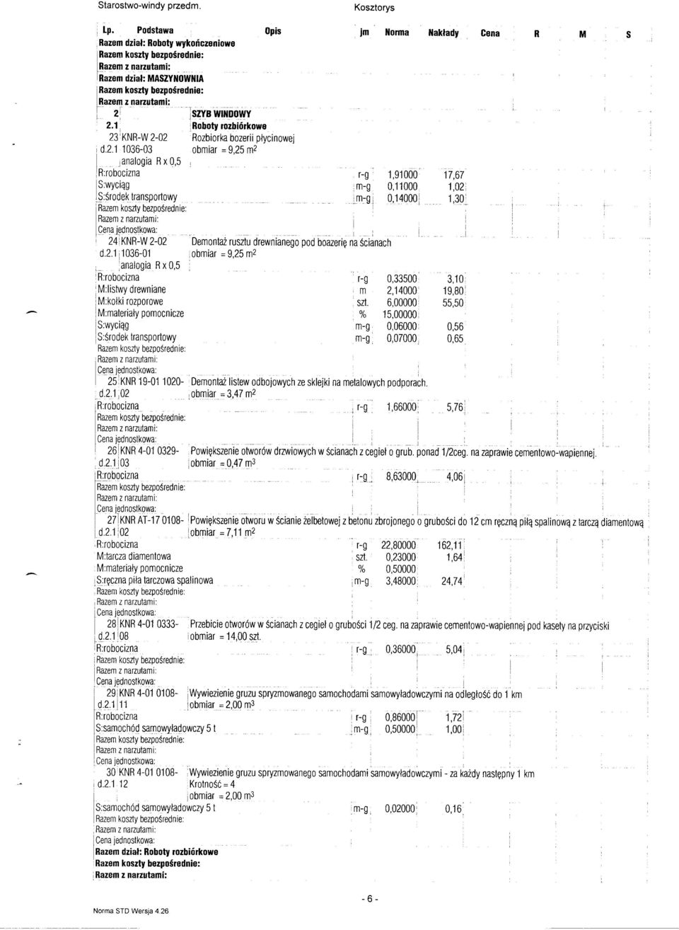 Razem. koszy.bezpośrednie: Razem z narzuami: jm Norma -,m~g, Cena jednoskowa:., - 24KNR-W2-02 Demonaż ruszu drewnianego pod boazerię n'a ścianach d.2. : 036-0 obmiar = 9,25,_ ;analogia R x 0,5 ' ' M: iswy drewniane i M:kołki rozporowe!