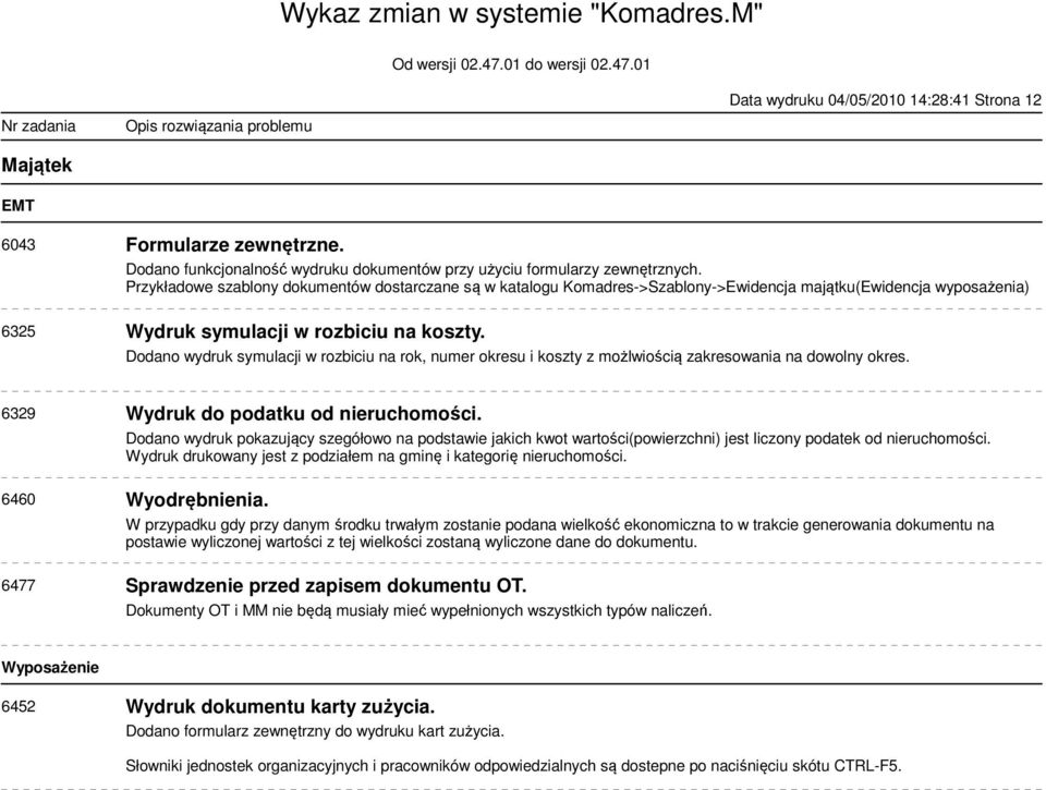 Dodano wydruk symulacji w rozbiciu na rok, numer okresu i koszty z możlwiością zakresowania na dowolny okres. 6329 Wydruk do podatku od nieruchomości.