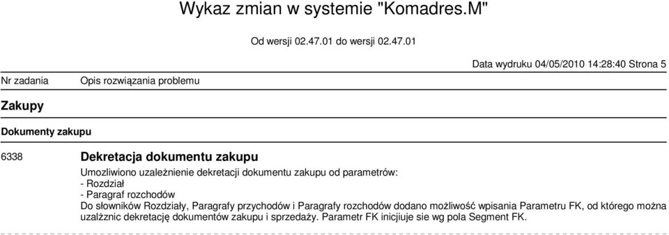 słowników Rozdziały, Paragrafy przychodów i Paragrafy rozchodów dodano możliwość wpisania Parametru FK,