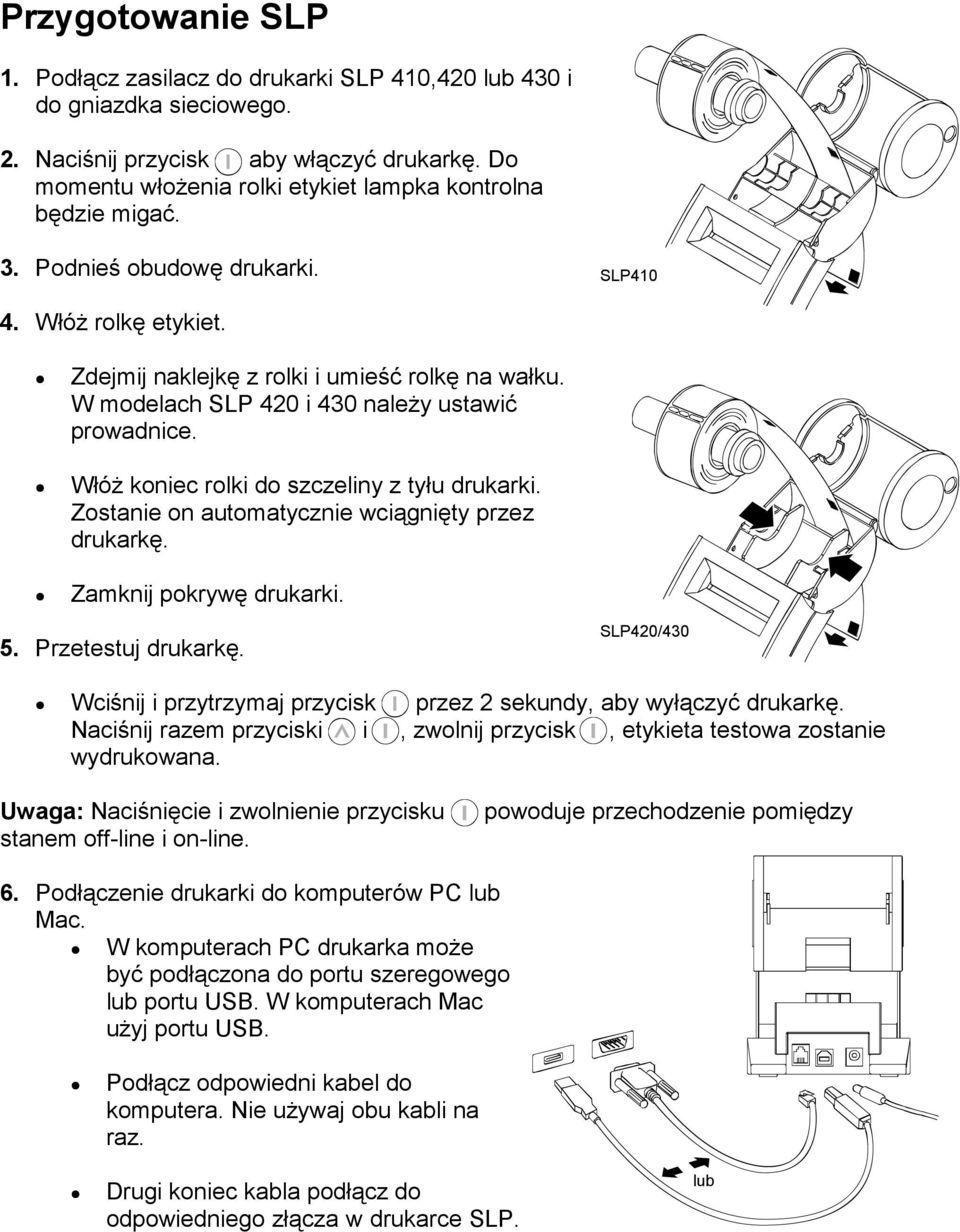 W modelach SLP 420 i 430 naleŝy ustawić prowadnice. WłóŜ koniec rolki do szczeliny z tyłu drukarki. Zostanie on automatycznie wciągnięty przez drukarkę. Zamknij pokrywę drukarki. 5.