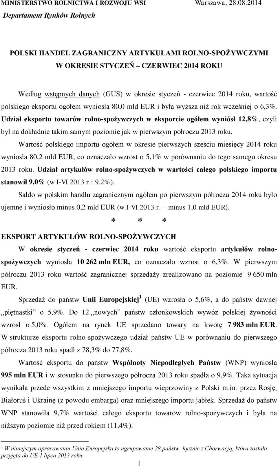 wartość polskiego eksportu ogółem wyniosła 80,0 mld EUR i była wyższa niż rok wcześniej o 6,3%.