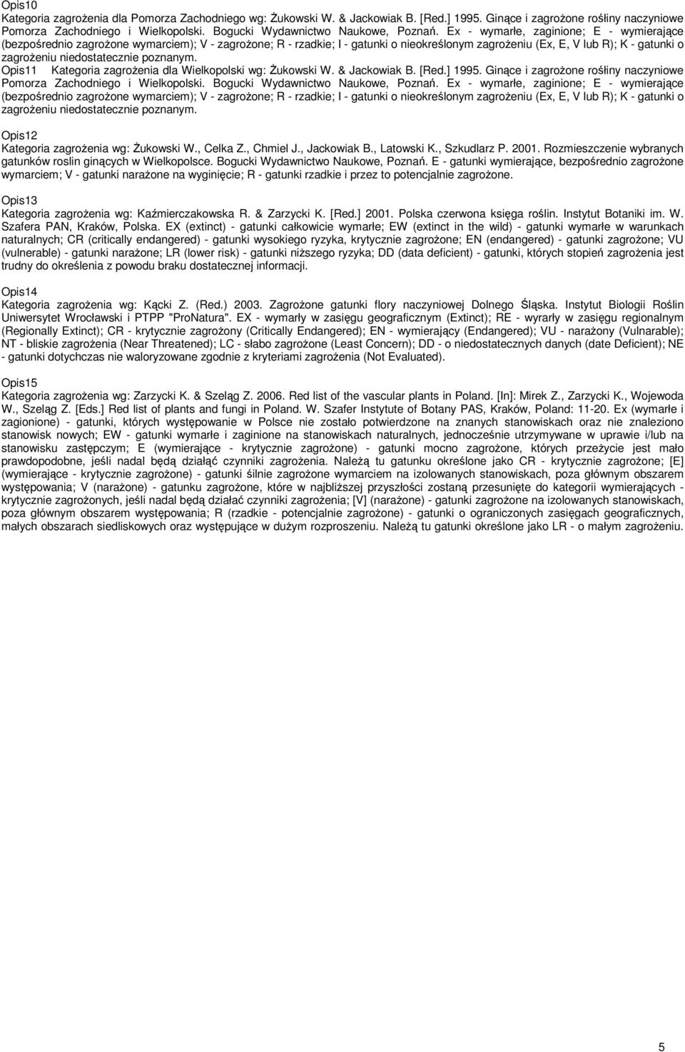 Ex - wymarłe, zaginione; E - wymierające (bezpośrednio zagrożone wymarciem); V - zagrożone; R - rzadkie; I - gatunki o nieokreślonym zagrożeniu (Ex, E, V lub R); K - gatunki o zagrożeniu