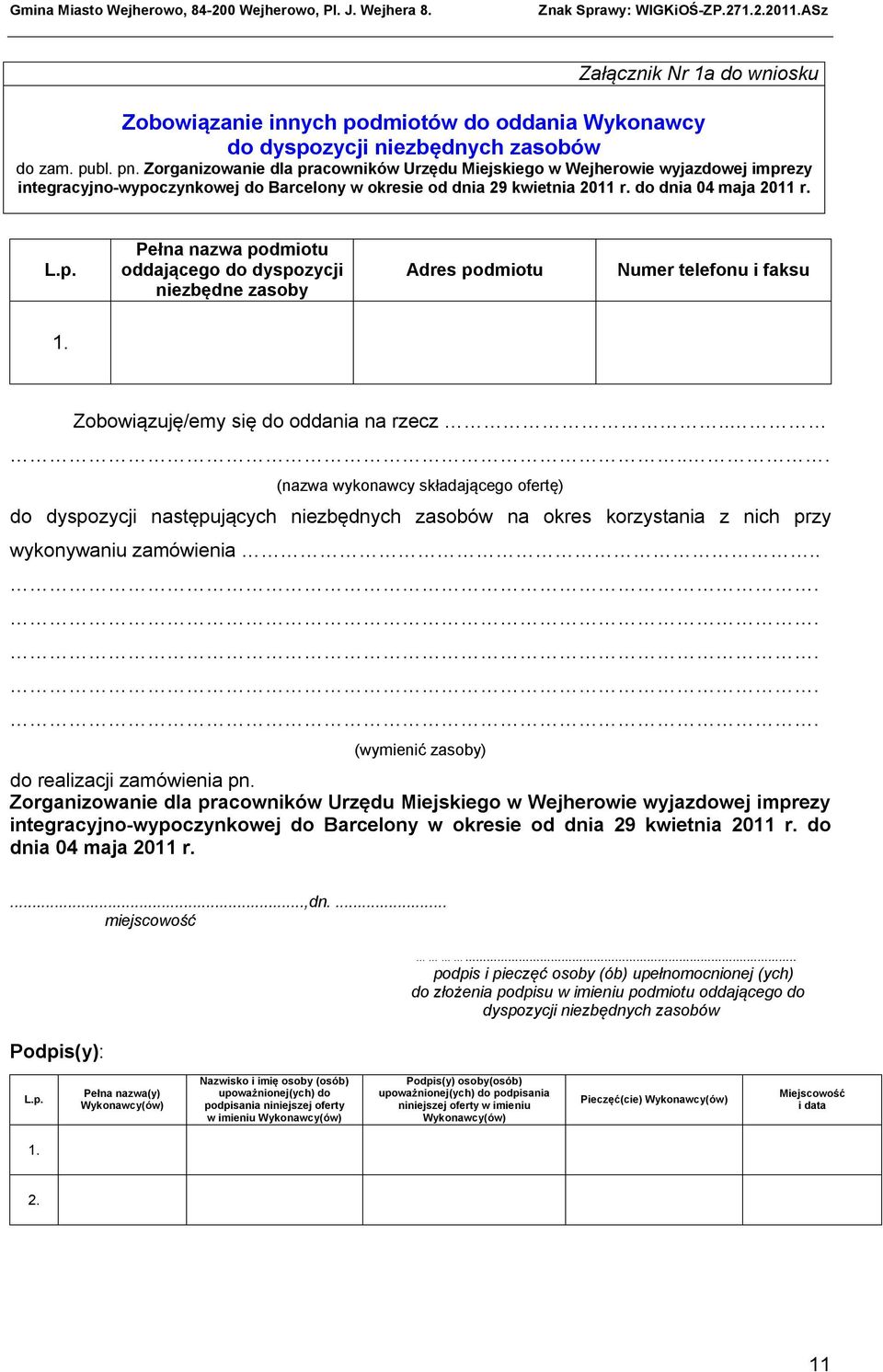 Pełna nazwa podmiotu oddającego do dyspozycji niezbędne zasoby Adres podmiotu Numer telefonu i faksu Zobowiązuję/emy się do oddania na rzecz.