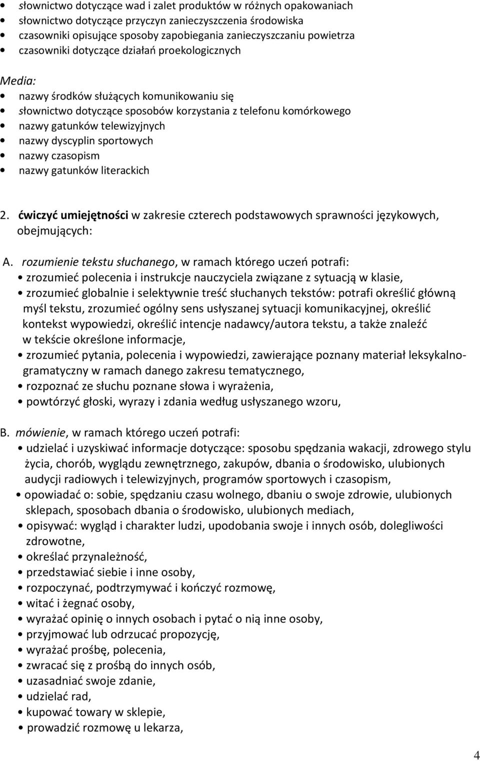 dyscyplin sportowych nazwy czasopism nazwy gatunków literackich 2. ćwiczyć umiejętności w zakresie czterech podstawowych sprawności językowych, obejmujących: A.