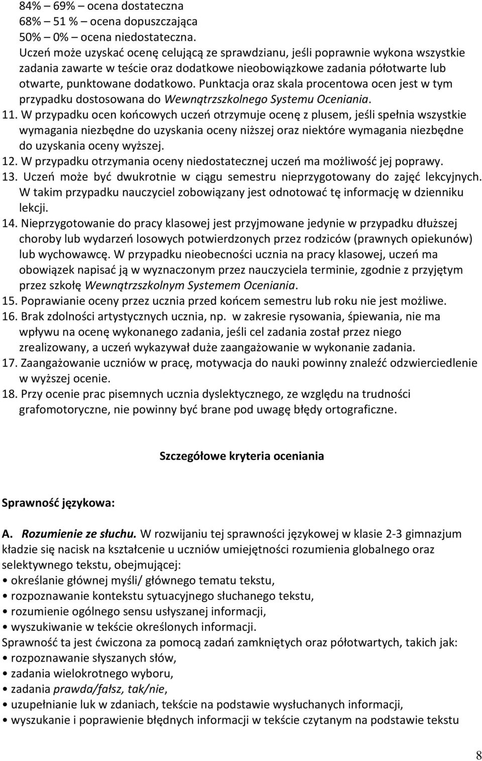 Punktacja oraz skala procentowa ocen jest w tym przypadku dostosowana do Wewnątrzszkolnego Systemu Oceniania. 11.