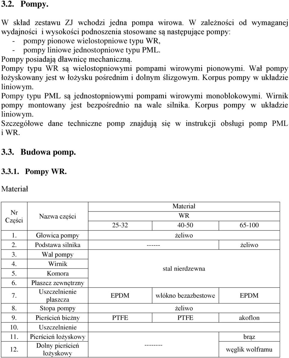 Pompy posiadają dławnicę mechaniczną. Pompy typu WR są wielostopniowymi pompami wirowymi pionowymi. Wał pompy łożyskowany jest w łożysku pośrednim i dolnym ślizgowym. Korpus pompy w układzie liniowym.