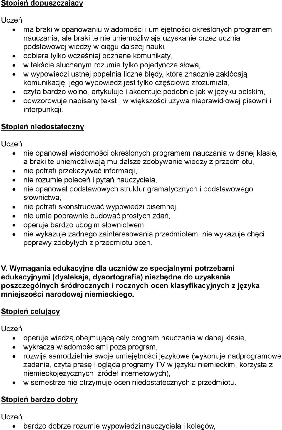 tylko częściowo zrozumiała, czyta bardzo wolno, artykułuje i akcentuje podobnie jak w języku polskim, odwzorowuje napisany tekst, w większości używa nieprawidłowej pisowni i interpunkcji.