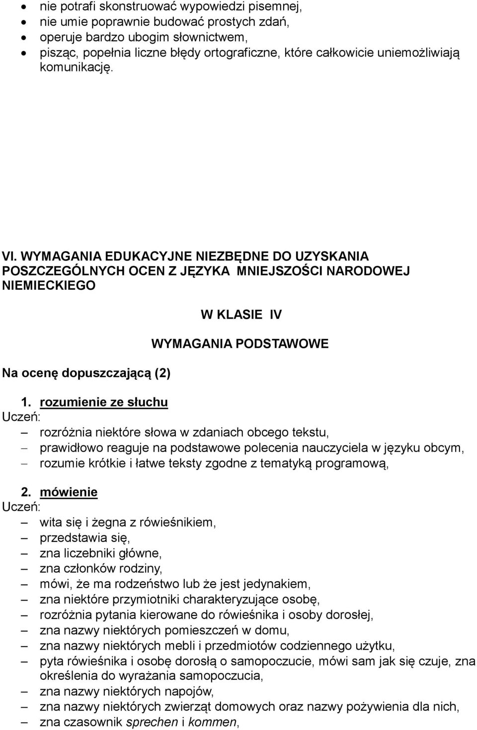 WYMAGANIA EDUKACYJNE NIEZBĘDNE DO UZYSKANIA POSZCZEGÓLNYCH OCEN Z JĘZYKA MNIEJSZOŚCI NARODOWEJ NIEMIECKIEGO Na ocenę dopuszczającą (2) W KLASIE IV WYMAGANIA PODSTAWOWE rozróżnia niektóre słowa w