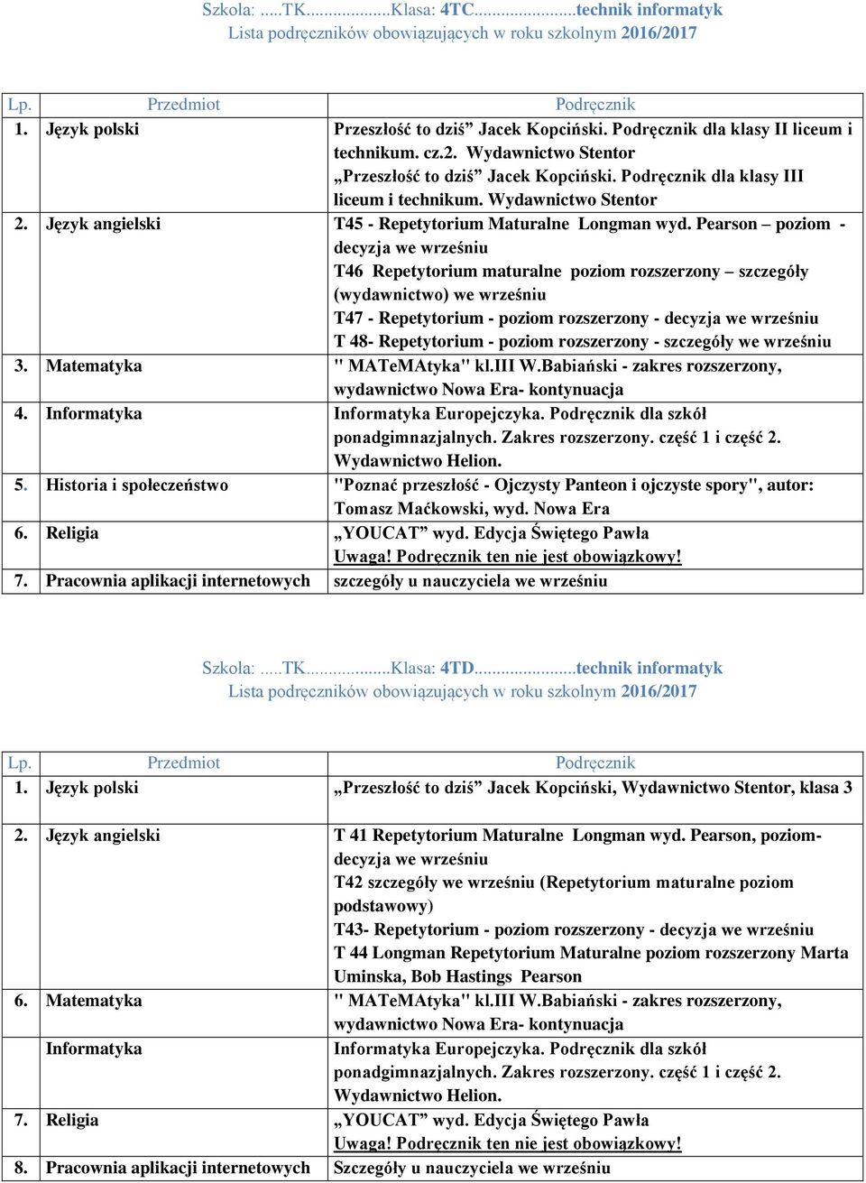 Pearson poziom - decyzja we wrześniu T46 Repetytorium maturalne poziom rozszerzony szczegóły (wydawnictwo) we wrześniu T47 - Repetytorium - poziom rozszerzony - decyzja we wrześniu T 48- Repetytorium