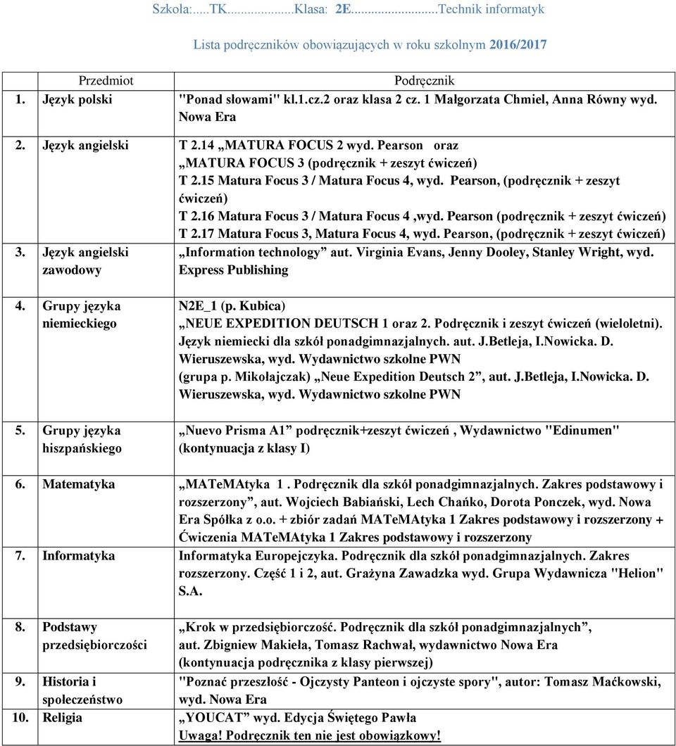 Pearson (podręcznik + zeszyt T 2.17 Matura Focus 3, Matura Focus 4, wyd. Pearson, (podręcznik + zeszyt 3. Język angielski zawodowy Information technology aut.