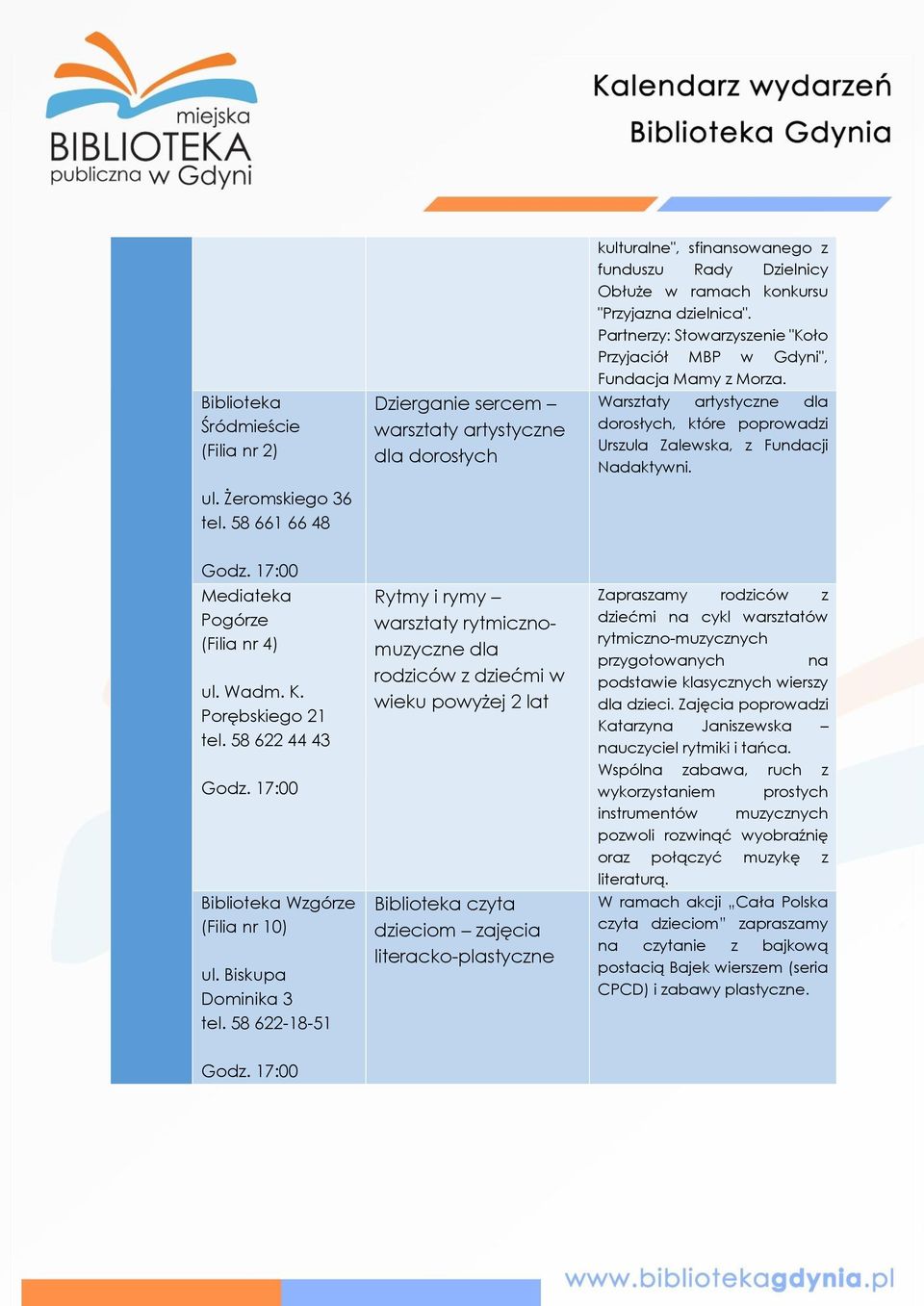 Partnerzy: Stowarzyszenie "Koło Przyjaciół MBP w Gdyni", Fundacja Mamy z Morza. Warsztaty artystyczne dla dorosłych, które poprowadzi Urszula Zalewska, z Fundacji Nadaktywni.