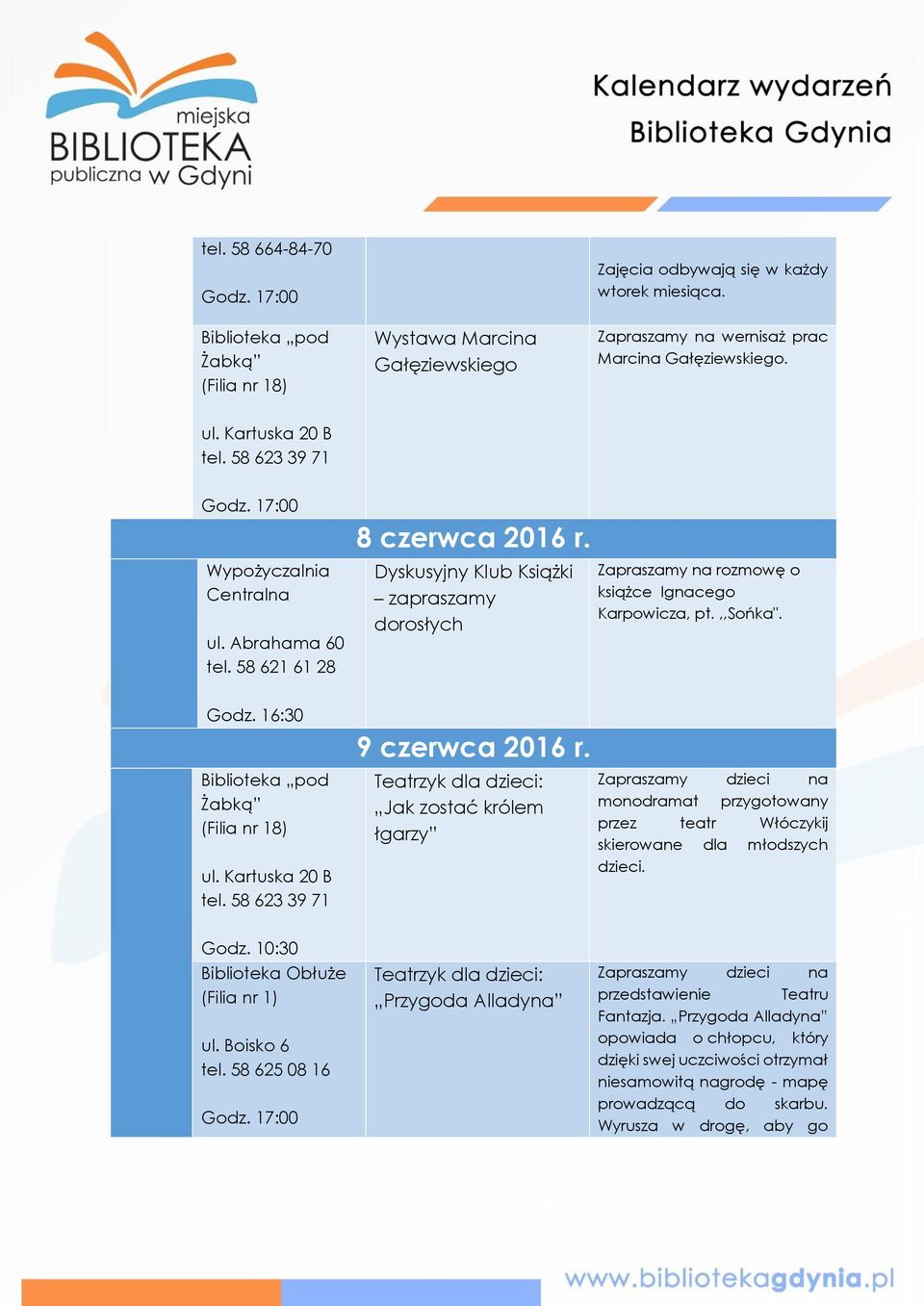 Godz. 16:30 pod Żabką (Filia nr 18) ul. Kartuska 20 B tel. 58 623 39 71 9 czerwca 2016 r.