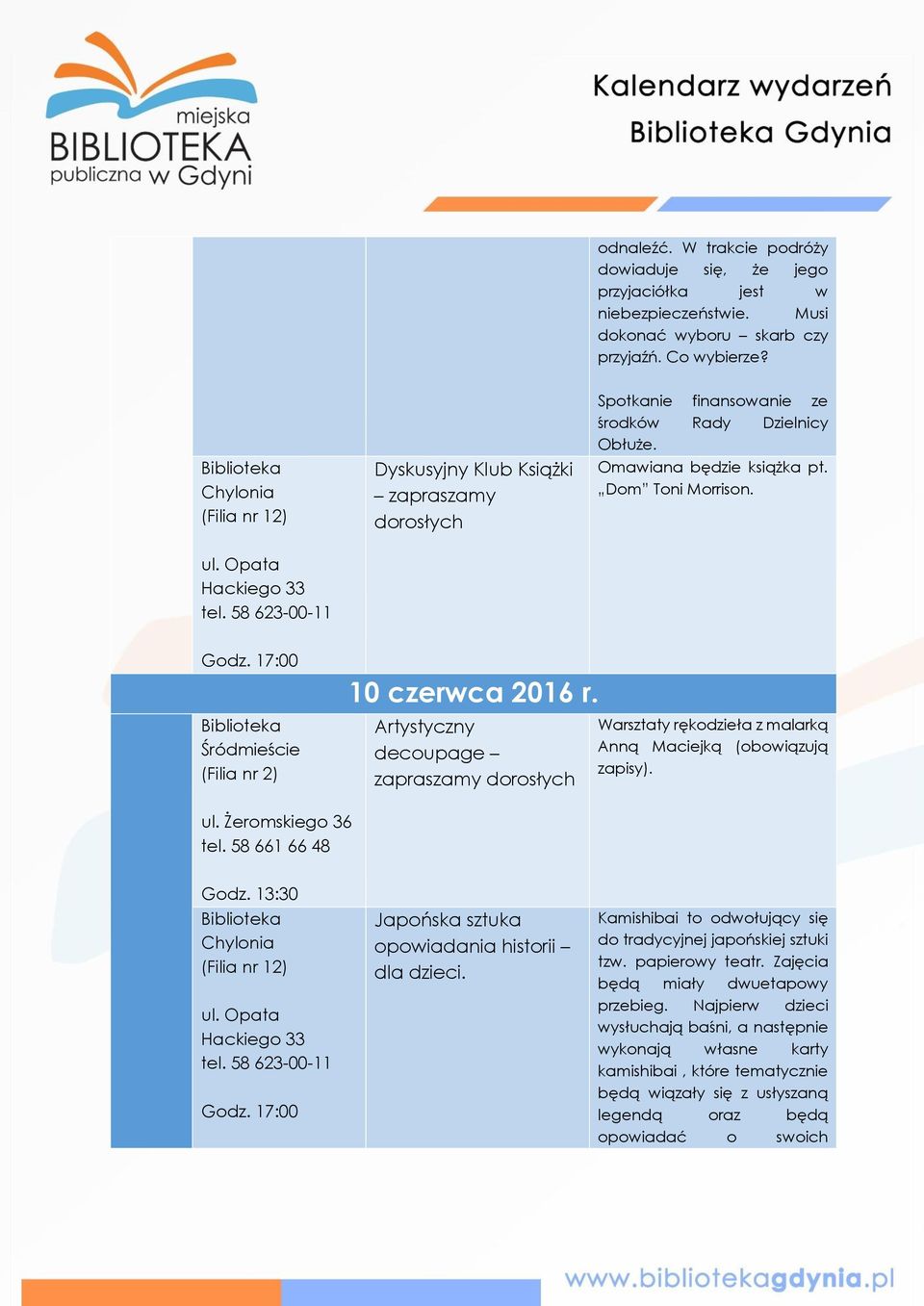 58 623-00-11 Śródmieście (Filia nr 2) 10 czerwca 2016 r. Artystyczny decoupage zapraszamy dorosłych Warsztaty rękodzieła z malarką Anną Maciejką (obowiązują zapisy). ul. Żeromskiego 36 tel.