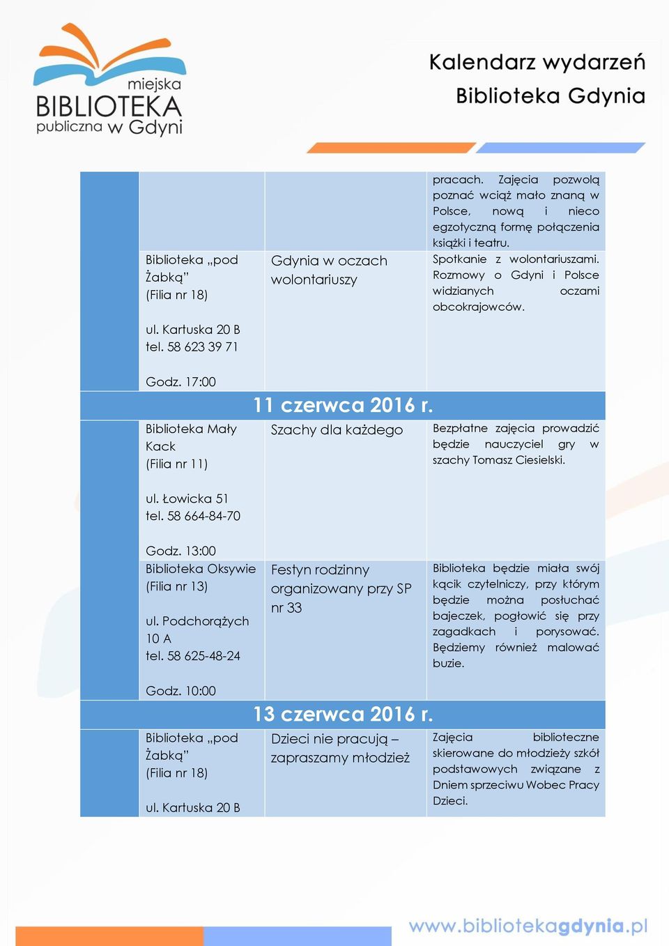 Mały Kack (Filia nr 11) 11 czerwca 2016 r. Szachy dla każdego Bezpłatne zajęcia prowadzić będzie nauczyciel gry w szachy Tomasz Ciesielski. ul. Łowicka 51 tel. 58 664-84-70 Godz.