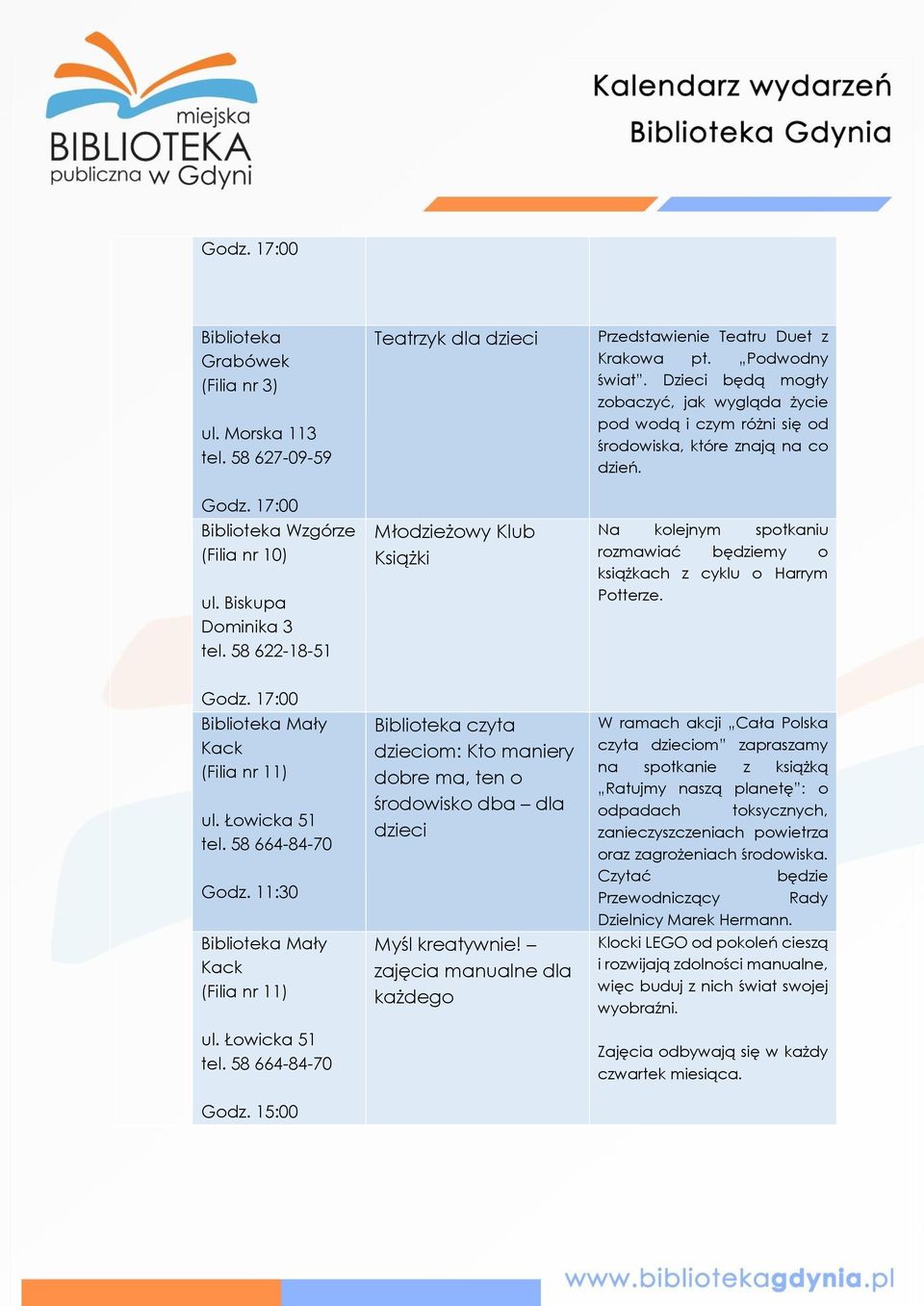 Dzieci będą mogły zobaczyć, jak wygląda życie pod wodą i czym różni się od środowiska, które znają na co dzień. Na kolejnym spotkaniu rozmawiać będziemy o książkach z cyklu o Harrym Potterze.