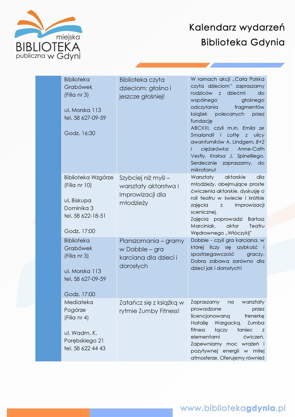 odczytania fragmentów książek polecanych przez fundację ABCXXI, czyli m.in. Emila ze Smalandii i Lottę z ulicy awanturników A. Lindgern, 8+2 i ciężarówka Anne-Cath Vestly, Kraksa J. Spinelliego.