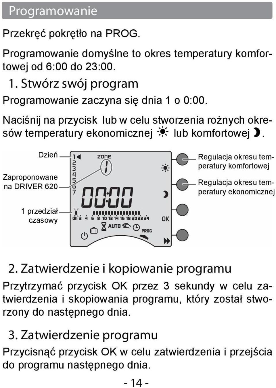 Dzień Zaproponowane na DRIVER 620 Regulacja okresu temperatury komfortowej Regulacja okresu temperatury ekonomicznej 1 przedział czasowy 2.
