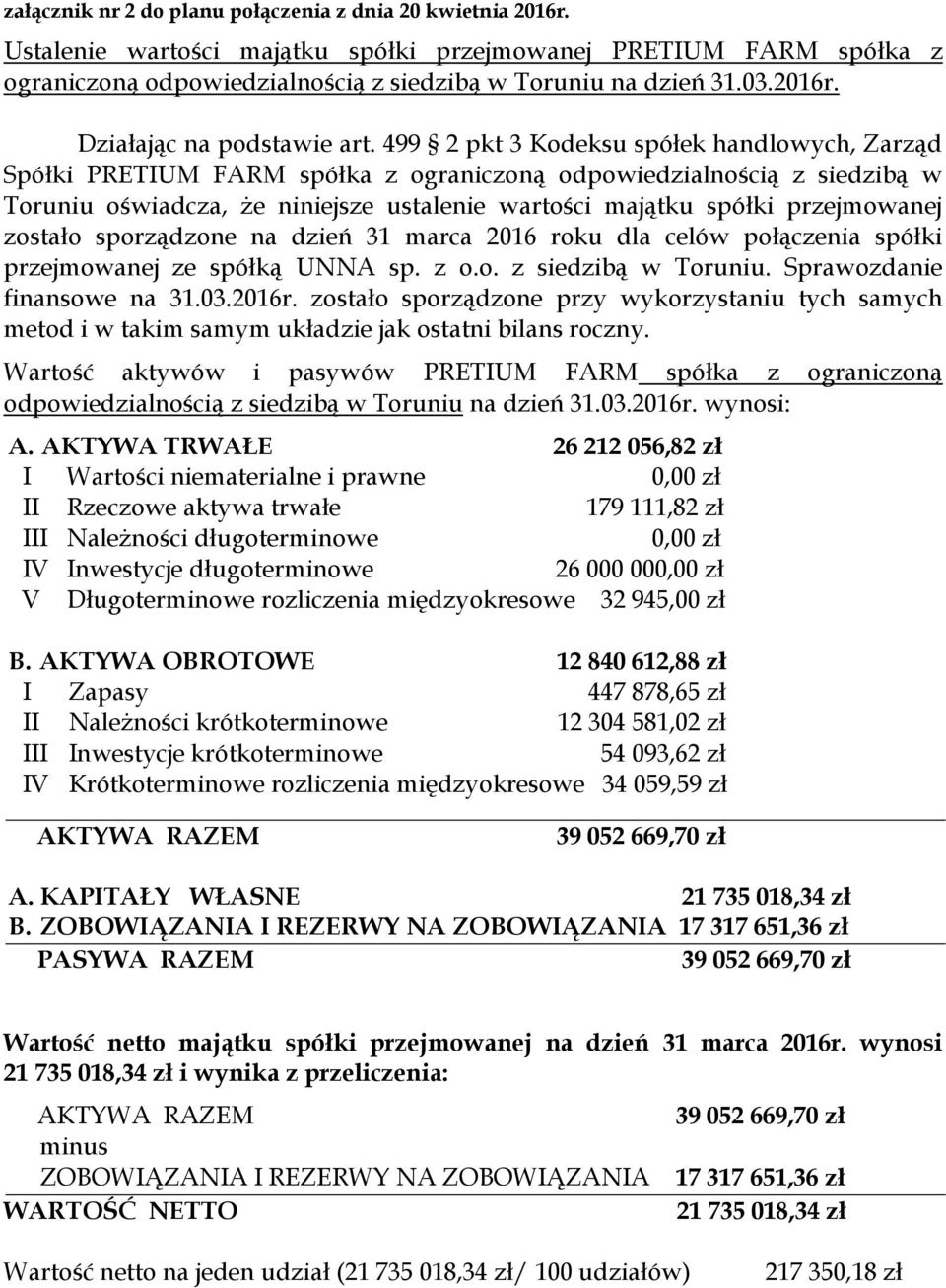 499 2 pkt 3 Kodeksu spółek handlowych, Zarząd Spółki PRETIUM FARM spółka z ograniczoną odpowiedzialnością z siedzibą w Toruniu oświadcza, że niniejsze ustalenie wartości majątku spółki przejmowanej