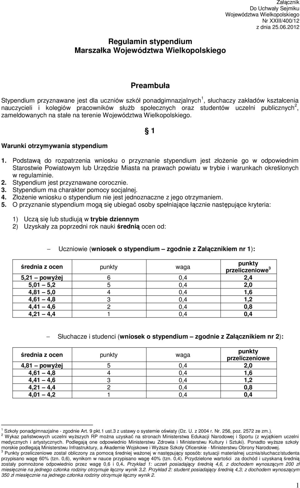 publicznych 2, zameldowanych na stałe na terenie Województwa Wielkopolskiego. Warunki otrzymywania stypendium 1 1.