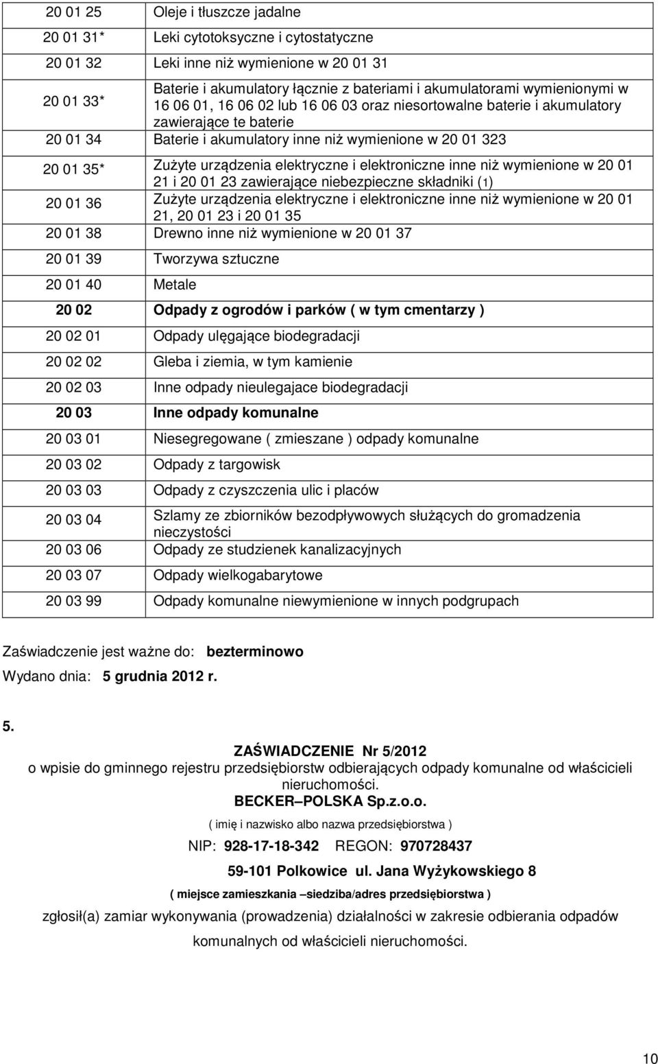 elektryczne i elektroniczne inne niż wymienione w 20 01 21 i 20 01 23 zawierające niebezpieczne składniki (1) 20 01 36 Zużyte urządzenia elektryczne i elektroniczne inne niż wymienione w 20 01 21, 20