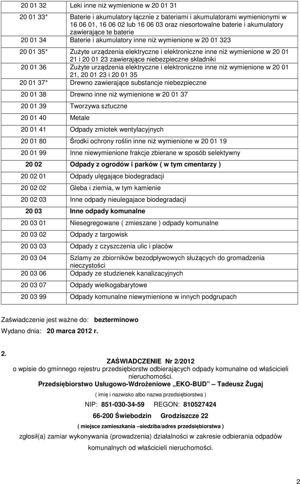 zawierające niebezpieczne składniki 20 01 36 Zużyte urządzenia elektryczne i elektroniczne inne niż wymienione w 20 01 21, 20 01 23 i 20 01 35 20 01 37* Drewno zawierające substancje niebezpieczne 20