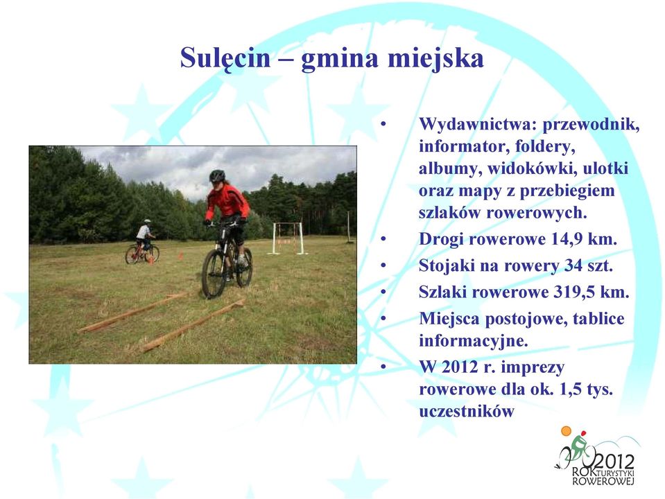 Drogi rowerowe 14,9 km. Stojaki na rowery 34 szt. Szlaki rowerowe 319,5 km.