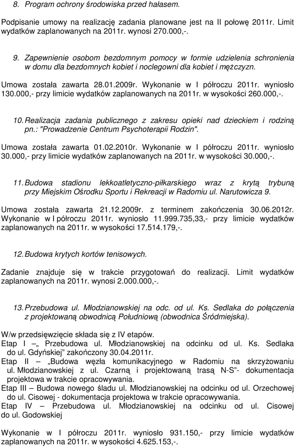 wyniosło 130.000,- przy limicie wydatków zaplanowanych na 2011r. w wysokości 260.000,-. 10. Realizacja zadania publicznego z zakresu opieki nad dzieckiem i rodziną pn.