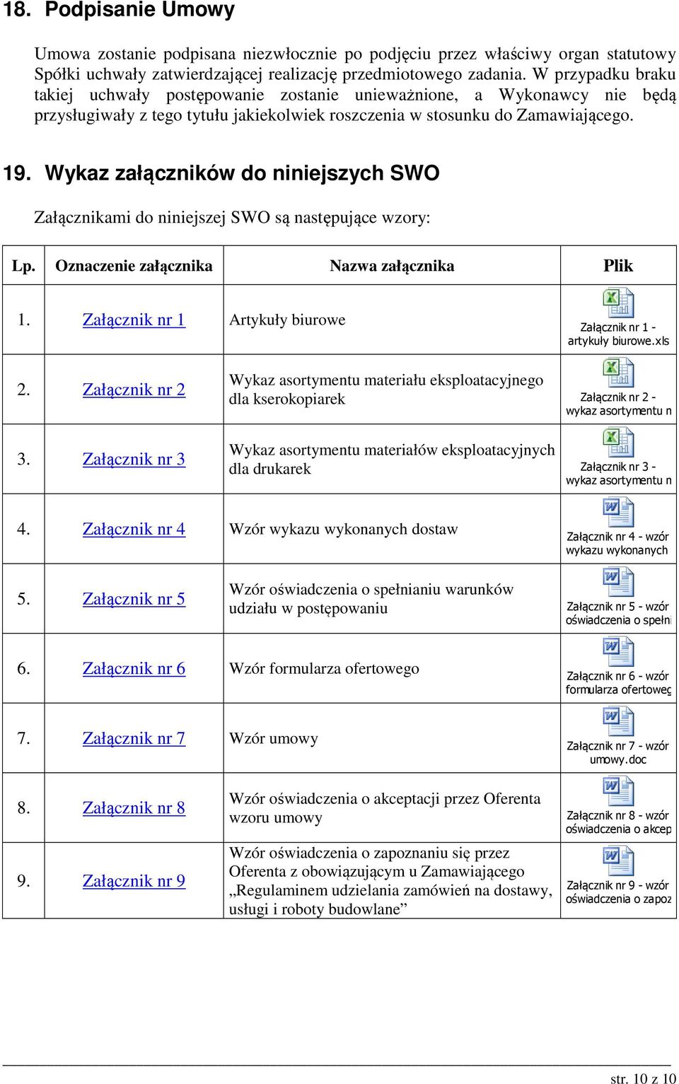 Wykaz załączników do niniejszych SWO Załącznikami do niniejszej SWO są następujące wzory: Lp. Oznaczenie załącznika Nazwa załącznika Plik 1.