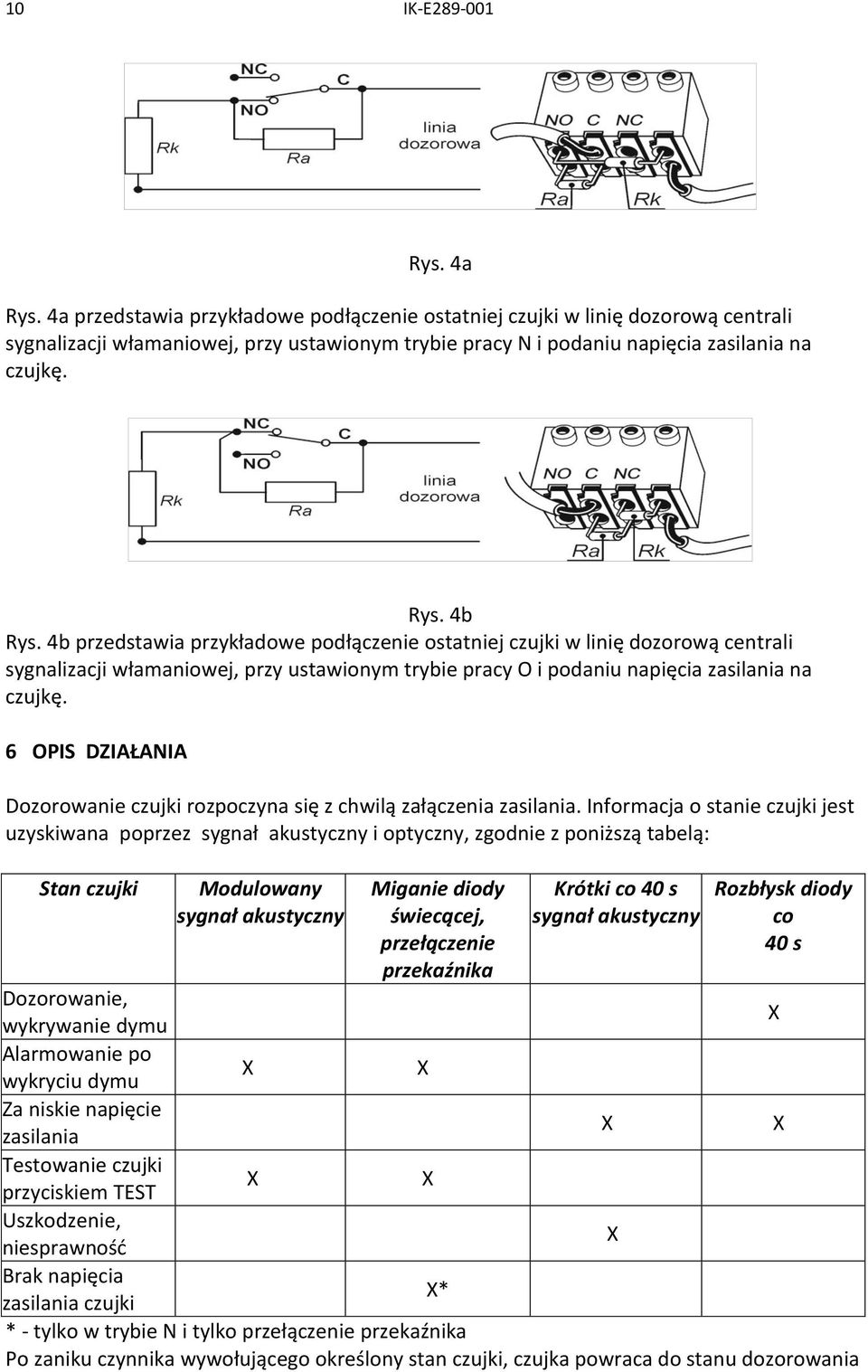 4b przedstawia przykładowe podłączenie ostatniej czujki w linię dozorową centrali sygnalizacji włamaniowej, przy ustawionym trybie pracy O i podaniu napięcia zasilania na czujkę.