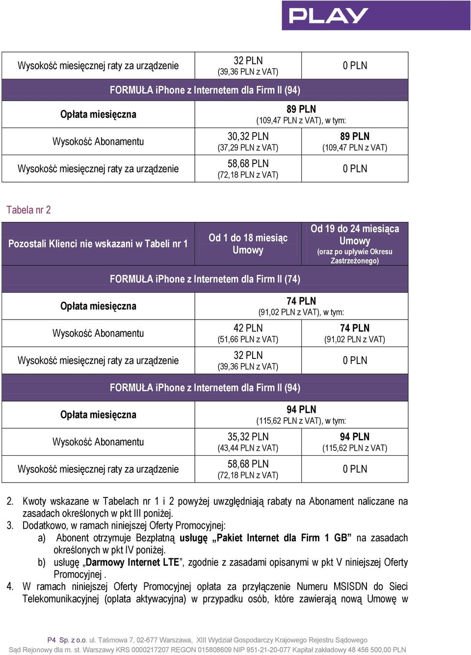 FORMUŁA iphone z Internetem dla Firm II (74) Od 19 do 24 miesiąca Umowy (oraz po upływie Okresu Zastrzeżonego) Opłata miesięczna Wysokość Abonamentu Wysokość miesięcznej raty za urządzenie 42 PLN