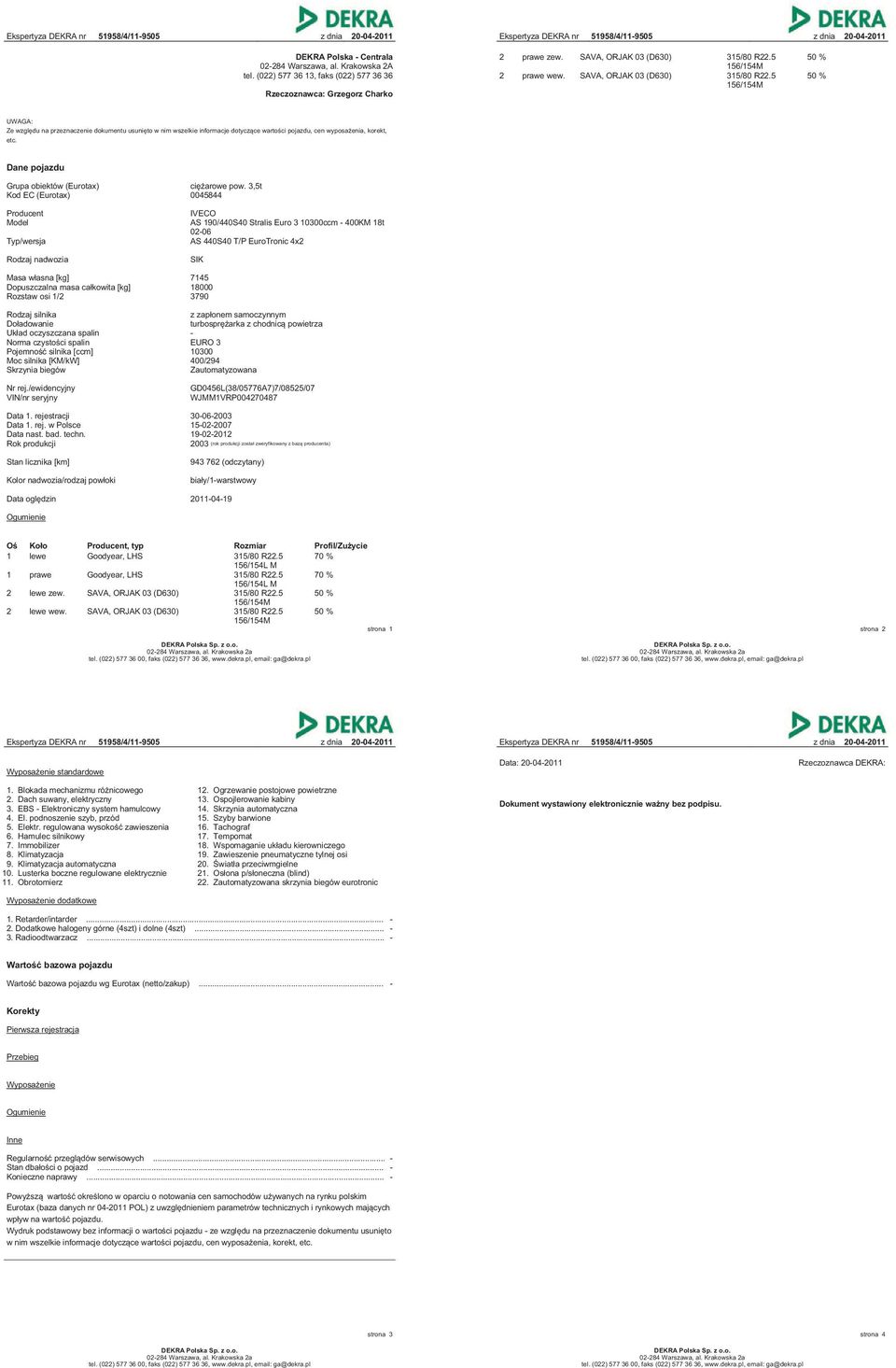 Dane pojazdu Grupa obiektów (Eurotax) ciężarowe pow.