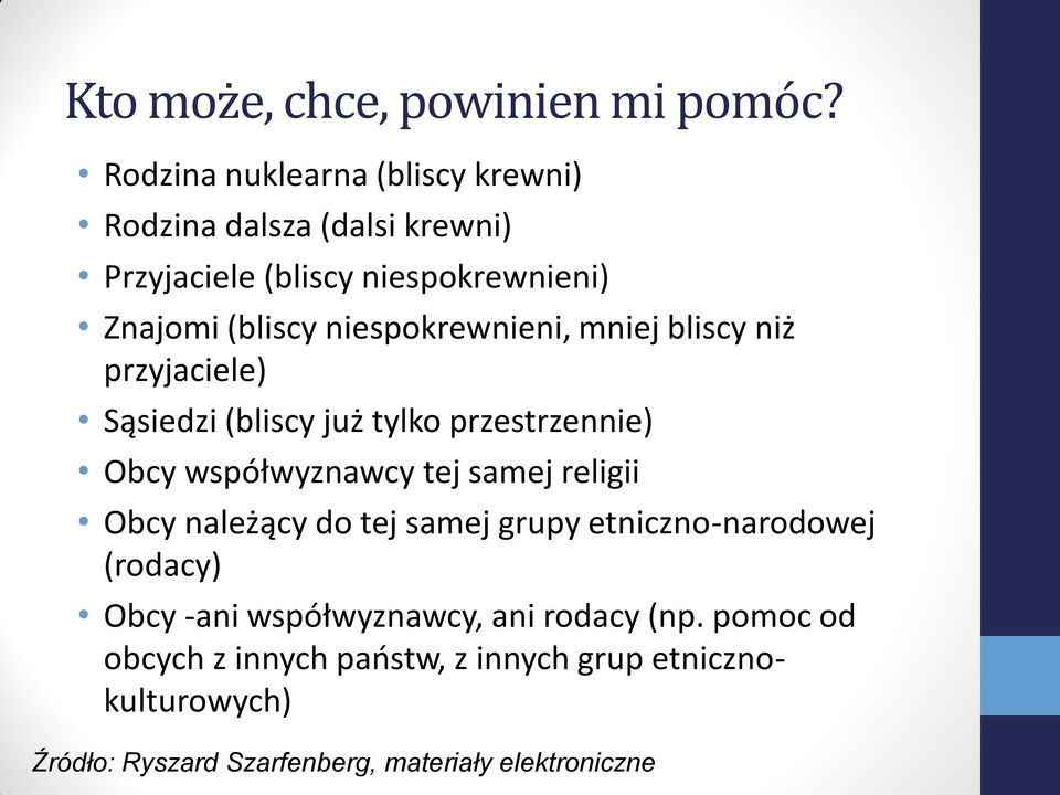 niespokrewnieni, mniej bliscy niż przyjaciele) Sąsiedzi (bliscy już tylko przestrzennie) Obcy współwyznawcy tej samej