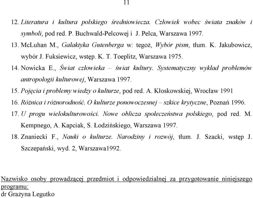 Systematyczny wykład problemów antropologii kulturowej, Warszawa 1997. 15. Pojęcia i problemy wiedzy o kulturze, pod red. A. Kłoskowskiej, Wrocław 1991 16. Różnica i różnorodność.