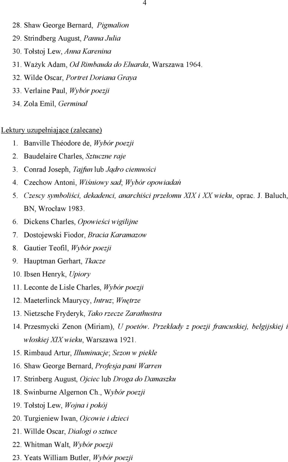 Conrad Joseph, Tajfun lub Jądro ciemności 4. Czechow Antoni, Wiśniowy sad; Wybór opowiadań 5. Czescy symboliści, dekadenci, anarchiści przełomu XIX i XX wieku, oprac. J. Baluch, BN, Wrocław 1983. 6.