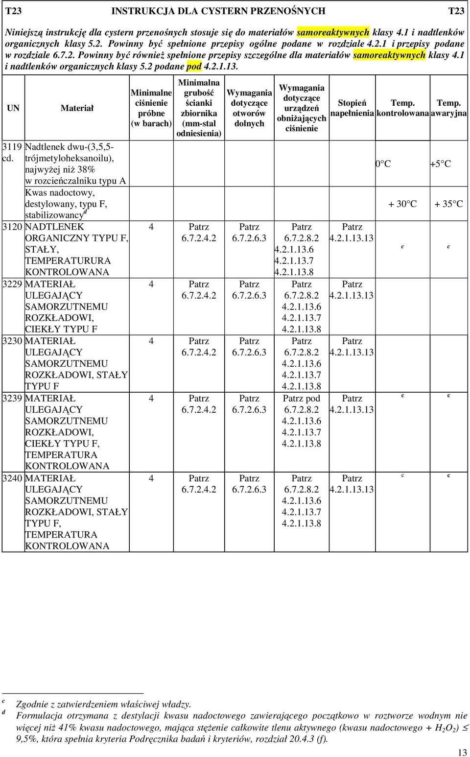 Materiał Nadtlenek dwu-(3,5,5- trójmetyloheksanoilu), najwyŝej niŝ 38% w rozcieńczalniku typu A Minimalne ciśnienie próbne (w barach) Minimalna grubość ścianki zbiornika (mm-stal odniesienia)
