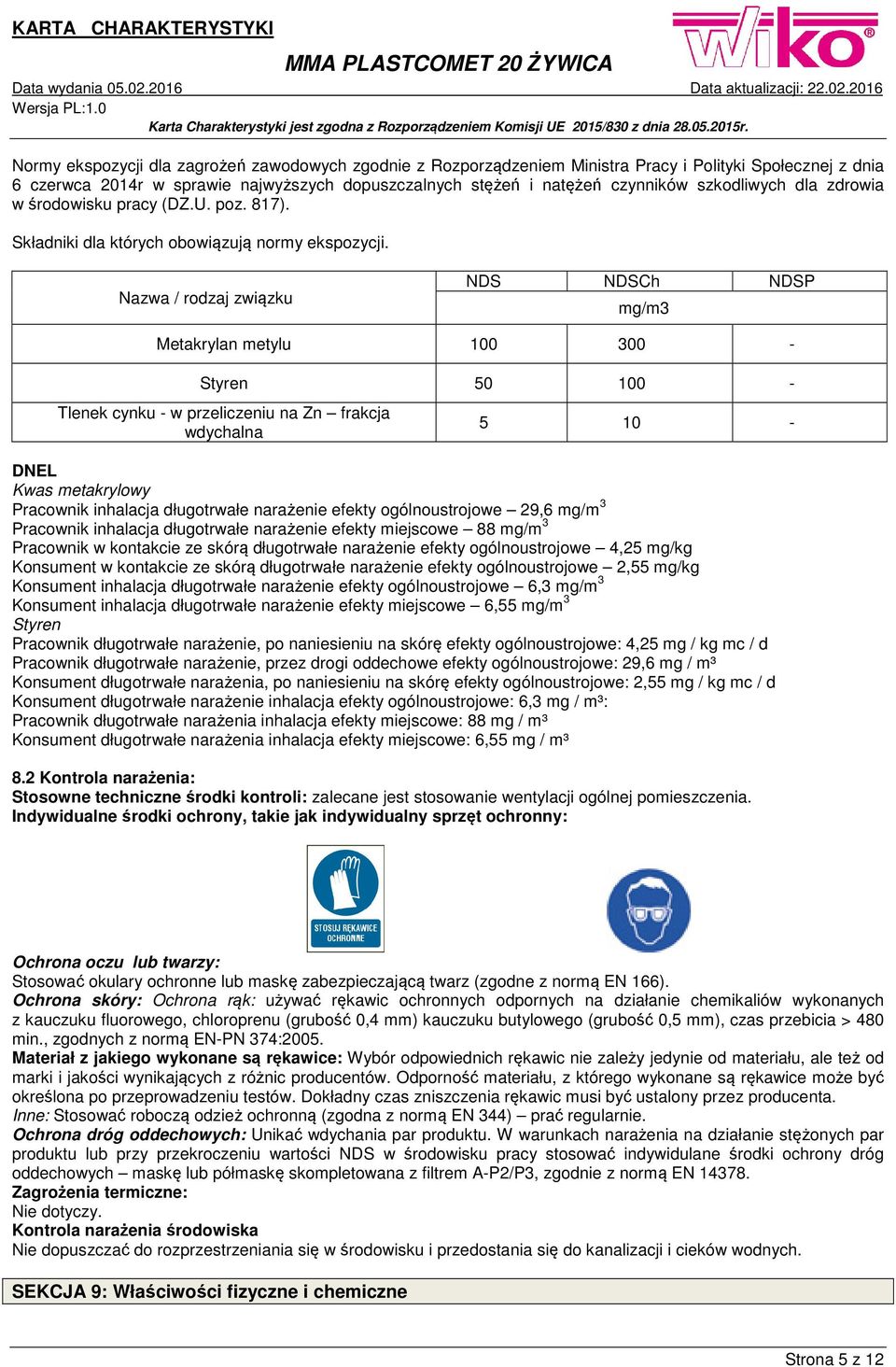 Nazwa / rodzaj związku NDS NDSCh NDSP mg/m3 Metakrylan metylu 100 300 - Styren 50 100 - Tlenek cynku - w przeliczeniu na Zn frakcja wdychalna 5 10 - DNEL Kwas metakrylowy Pracownik inhalacja