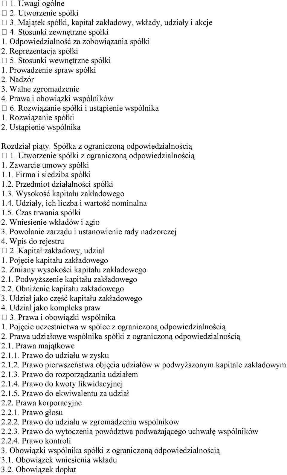 Ustąpienie wspólnika Rozdział piąty. Spółka z ograniczoną odpowiedzialnością 1. Utworzenie spółki z ograniczoną odpowiedzialnością 1. Zawarcie umowy spółki 1.1. Firma i siedziba spółki 1.2.